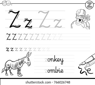 Black and White Cartoon Vector Illustration of Writing Skills Practice with Letter Z Worksheet for Preschool and Elementary Age Children Coloring Book