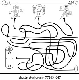 Black and White Cartoon Vector Illustration of Paths or Maze Puzzle Activity Game with Robot Characters and Battery Coloring Book