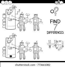 Black and White Cartoon Vector Illustration of Finding Differences Between Pictures Educational Activity Game for Kids with Comic Robot Characters Group Coloring Book