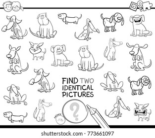 Black and White Cartoon Vector Illustration of Finding Two Identical Pictures Educational Activity Game for Children with Funny Comic Dog Characters Coloring Book