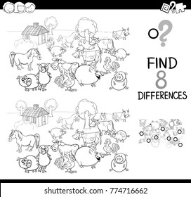 Black and White Cartoon Vector Illustration of Finding Differences Between Pictures Educational Activity Game for Kids with Comic Farm Animal Characters Group Coloring Book