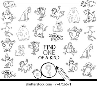 Black and White Cartoon Vector Illustration of Find One of a Kind Picture Educational Activity Game for Children with Monkey Characters Coloring Book