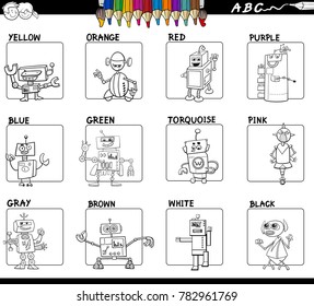 Black and White Cartoon Vector Illustration of Basic Colors Educational Workbook Set for Children with Robots Comic Characters