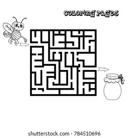 Black and White Cartoon Vector Illustration of Education Maze or Labyrinth Activity Game for Children with Bee and Honey Coloring Book