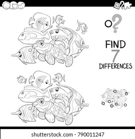 Black and White Cartoon Vector Illustration of Finding Seven Differences Between Pictures Educational Activity Game for Kids with Fish Animal Characters Group Coloring Book