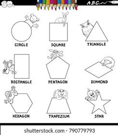 Black and White Cartoon Vector Illustration of Basic Shapes Educational Workbook Set for Children with Animal Characters