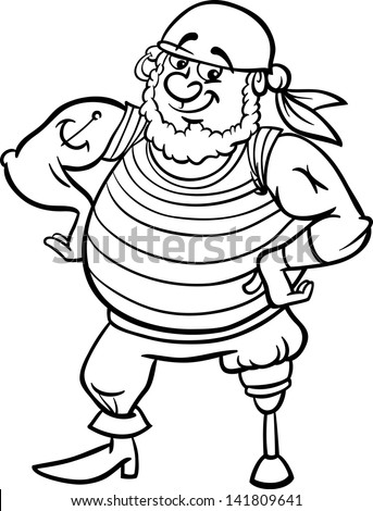 Black and White Cartoon Vector Illustration of Funny Pirate Officer with Peg Leg for Coloring Book for Children