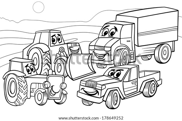 面白い車や機械 トラックのカーカーズ コミック キャラクター グループを描いた白黒の漫画のベクターイラスト のベクター画像素材 ロイヤリティフリー