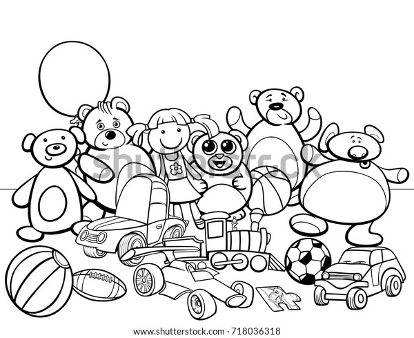 Black and White Cartoon Vector\
Illustration of Toys Objects Characters Group Coloring\
Book