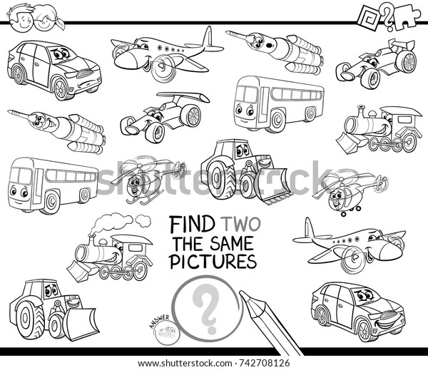 Black and White Cartoon Vector\
Illustration of Finding Two Identical Pictures Educational Game for\
Children with Transport Vehicle Characters Coloring\
Book
