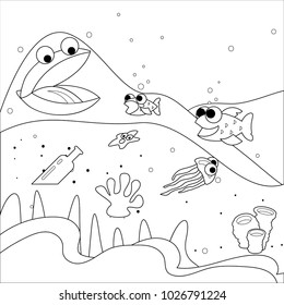 Black and White Cartoon Vector Illustrations of Sea Life For Kids Coloring Book, isolated images