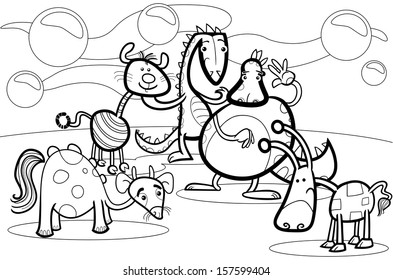 Black and White Cartoon Vector Illustrations of Fantasy Creatures Comic Mascot Characters Group for Children for Coloring Book