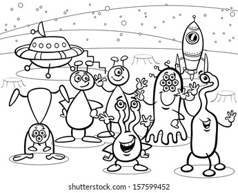 Black and White Cartoon Vector Illustrations of Fantasy Aliens or Martians Comic Mascot Characters Group for Coloring Book