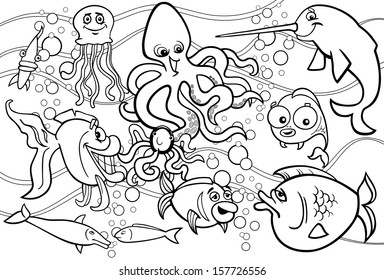 Black And White Cartoon Vector Illustrations Of Funny Sea Life Animals And Fish Mascot Characters Group For Children For Coloring Book