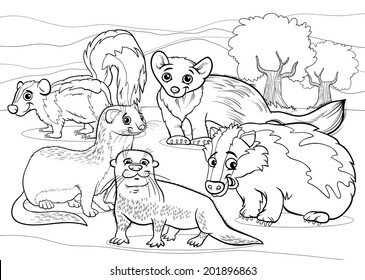 Black and White Cartoon Vector Illustrations of Funny Mustelids Mammals Animals Mascot Characters Group for Coloring Book