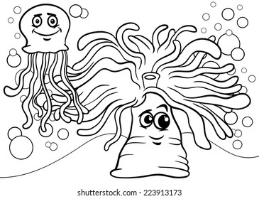 Black and White Cartoon Vector Illustrations of Funny Anemone and Jellyfish Sea Life Animal Characters for Coloring Book