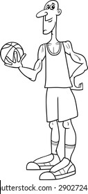 Black and White Cartoon Vector Illustrations of Basketball Player Sportsman with Ball for Coloring Book