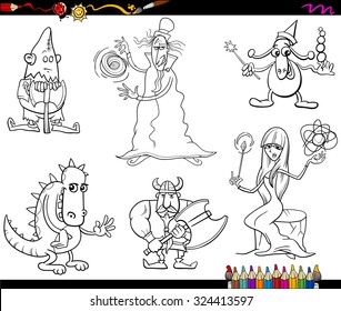 Black and White Cartoon Vector Illustrations of Fairy Tale or Fantasy Characters Set for Coloring Book
