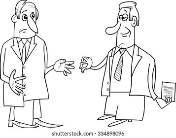 Black and White Cartoon Vector Illustrations of Two Businessmen During the Negotiations