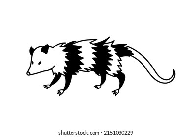 black and white cartoon vector possum or rat sketch, striped animal, sketch for a tattoo, eccentric rodent sticker, funny furry animal isolated on white background