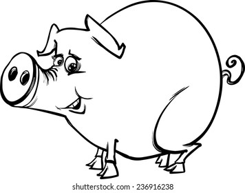 Black and White Cartoon Vector Sketch Illustration of Funny Pig Farm Animal for Coloring Book