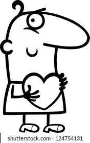 Black and White Cartoon Vector St Valentines Illustration of Funny Man in Love with Heart in his Hands