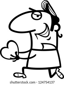 Black and White Cartoon Vector St Valentines Illustration of Funny Man in Love giving Valentine Card or Proposing