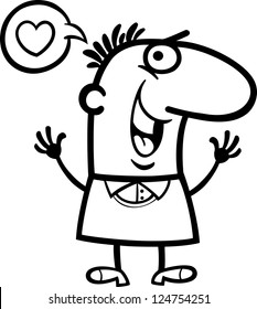 Black and White Cartoon Vector St Valentines Illustration of Happy Funny Man in Love