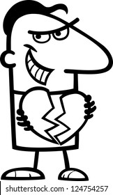 Black and White Cartoon Vector St Valentines Illustration of Funny Man Breaking Heart or Heartbreaker