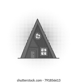 Black and white cartoon vintage facade, hand drawn building, doodle home. Isolated on white.