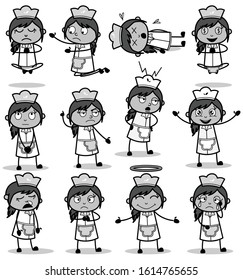 Black and White Cartoon Waitress Poses - Set of Concepts Vector illustrations