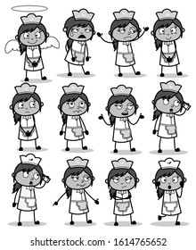 Black and White Cartoon Waitress - Set of Concepts Vector illustrations