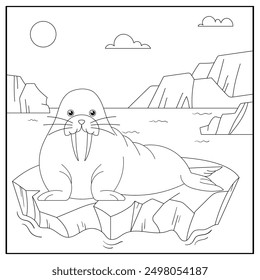 black and white cartoon walrus character (vector illustration), coloring book for children.