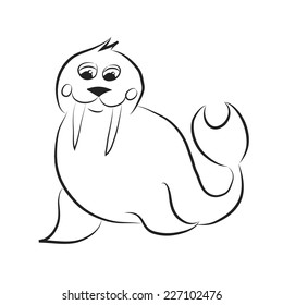 Black and white cartoon walrus. Vector sketch