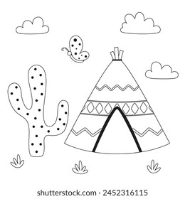 black and white cartoon wigwam, plant, clouds and butterfly in flat style, vector illustration of cute landscape