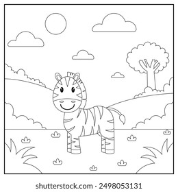 black and white cartoon zebracharacter (vector illustration), coloring book for children.