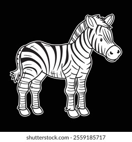 Black and white cartoon-style drawing of a zebra with distinctive stripes, standing on all four legs and facing slightly to the right, Vector 2d illustration.