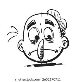 Black and white cartoon-style illustration depicting a character with a curious and concerned facial expression, showcasing exaggerated and humorous features, emphasizing emotion and stylized artistic