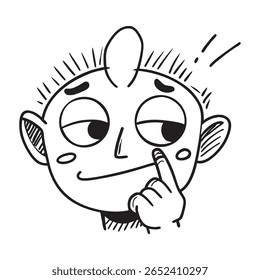 Black and white cartoon-style illustration of a playful character in a thoughtful and mischievous pose.