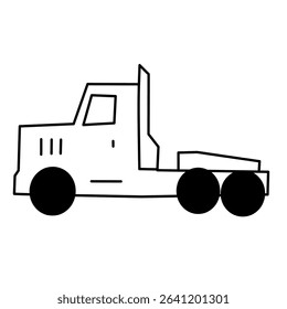 Black and white cartoon-style illustration of a semi-truck tractor without a trailer. Simple line art suitable for coloring books, educational materials, or transport-themed graphic projects.