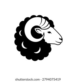 Black and white cartoon-style ram with curled horns and fluffy woolly coat