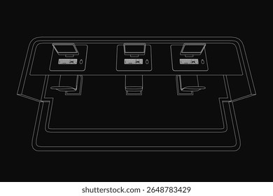 Uma ilustração de caixa registradora em preto e branco se destaca com contornos brancos nítidos contra um fundo escuro. O design minimalista destaca o equipamento da recepção com contraste limpo.