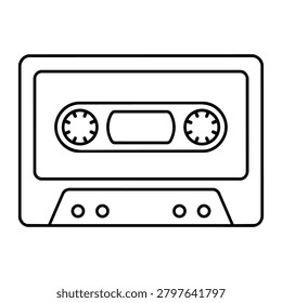 Black and white cassette tape icon for audio theme, retro tape cassette for analog recording and music playback design for music and sound design