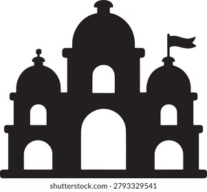 Black and white of a castle building with three domes, arched windows, and a small flag palace des