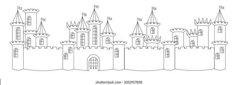 Black and white castle contour line drawing, panorama of the old town. Medieval castle, towers, fences, walls, gates,  isolated on white background vector illustration