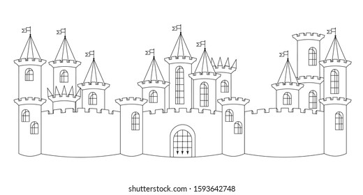 Black and white castle contour line drawing, panorama of the old town. Medieval castle, towers, fences, walls, gates, isolated on white background vector illustration