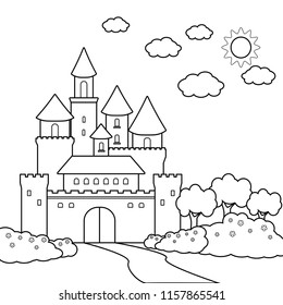 black and white Castle line vector illustration in the forest,  for coloring book