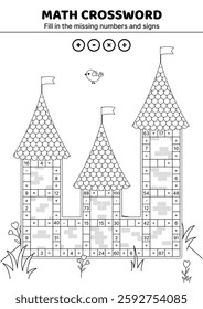 Black and white castle. Math crossword. Addition, subtraction, multiplication, division. Fill in the missing numbers and signs. Solve the problem. Educational attention game for kids. Isolated vector 