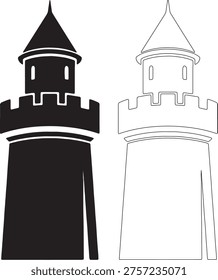 Black and white castle tower with crenellations and pointed roof