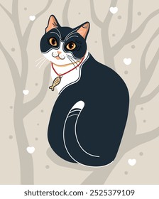 black white cat cartoon, icon illustration, cat silhouette of a cat isolated on a grey tree background